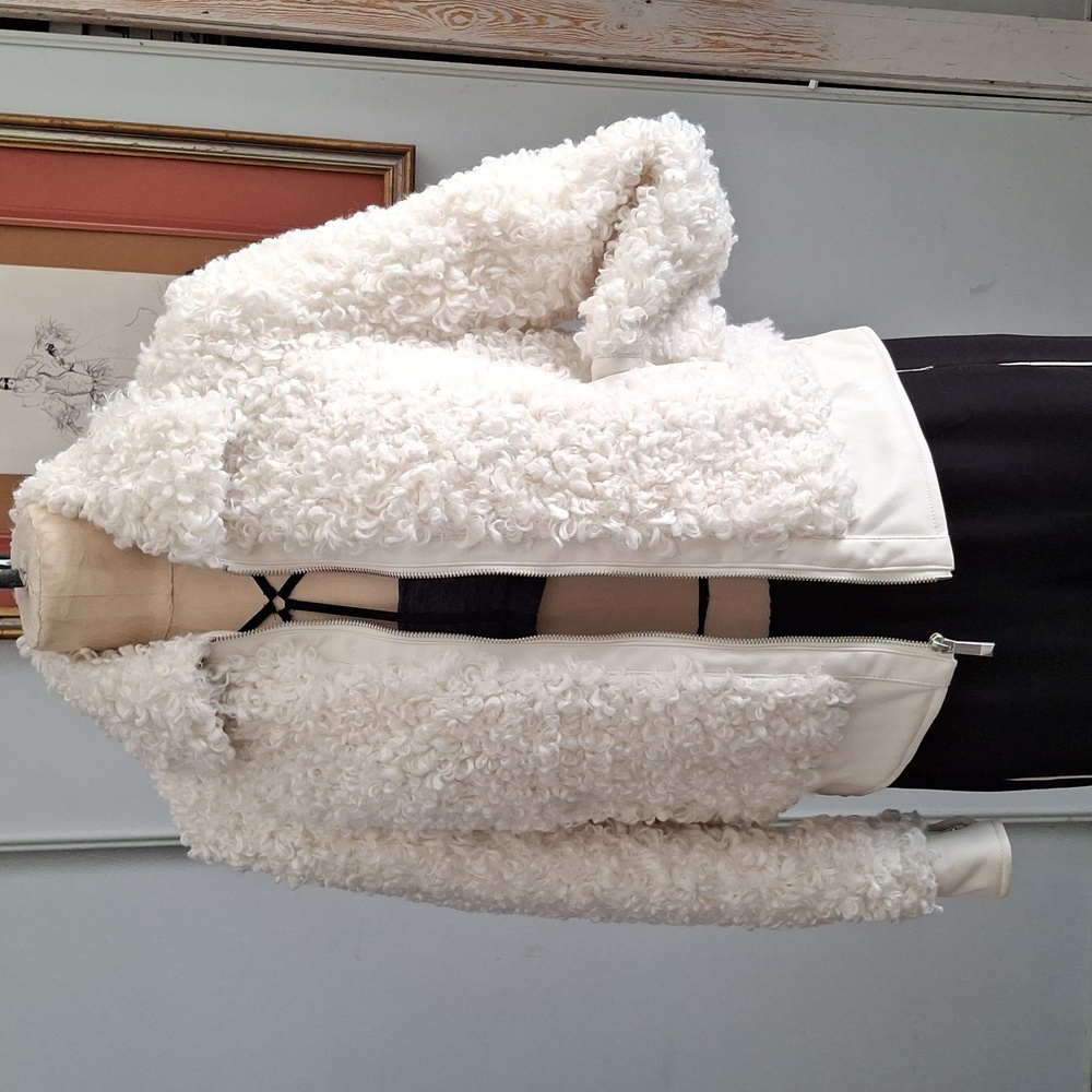 Vintage faux fur poodle look bomber jacket with leather trim